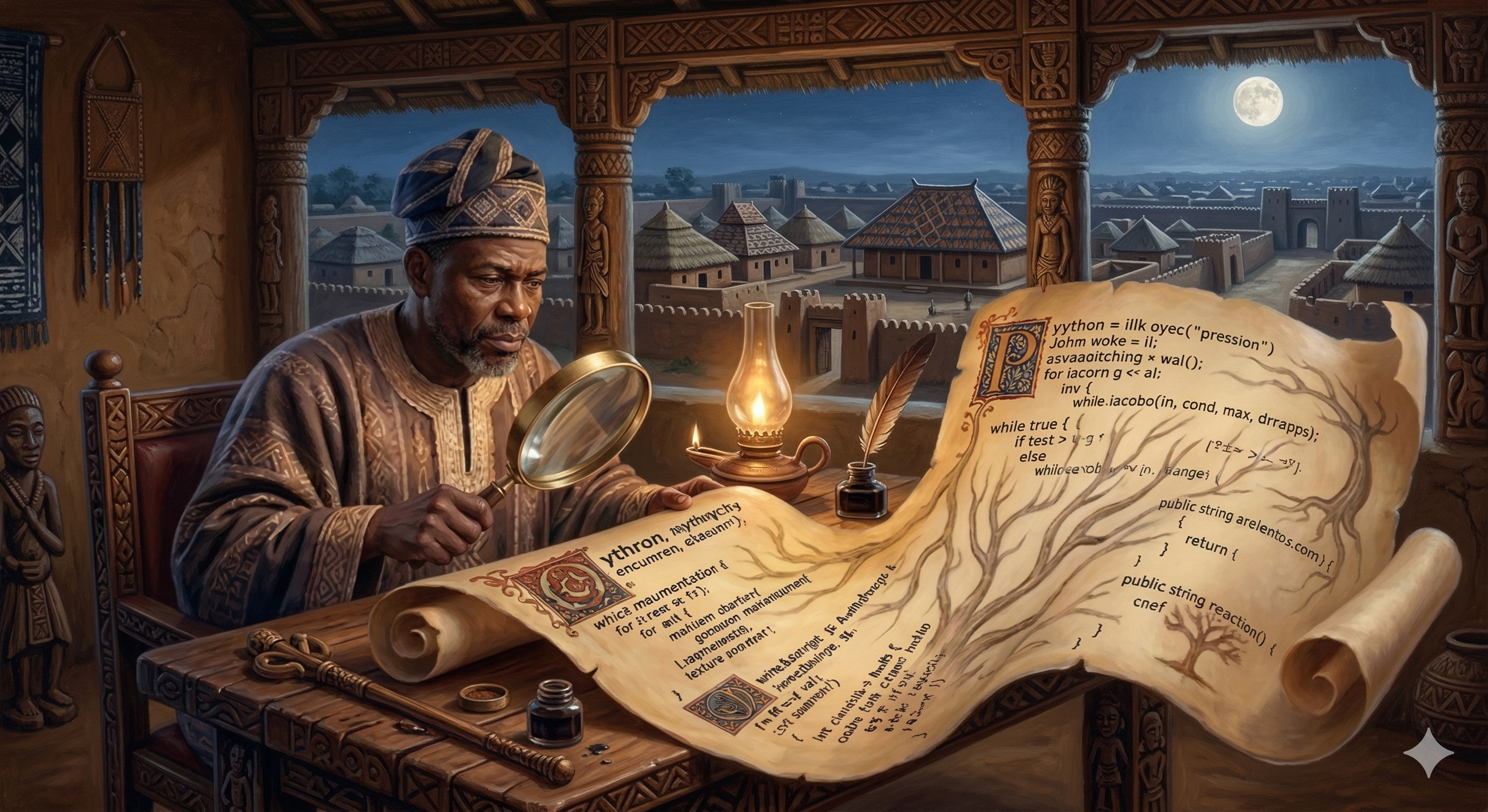 man reviewing code on an ancient scroll